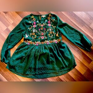 Floral Embroidered Green Long Sleeve Shirt